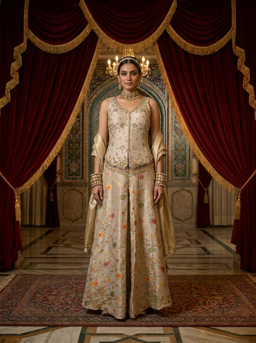 Beige Tissue Embroidery Top and Palazoo With Dupatta