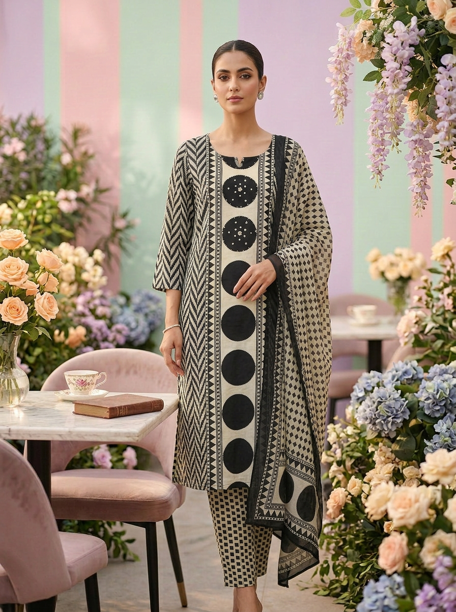 Black Cotton Chevron Printed Three Piece Set