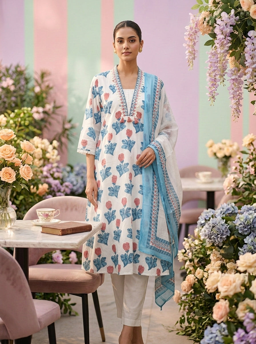 Blue Cotton Printed And Embroidery Three Piece Set