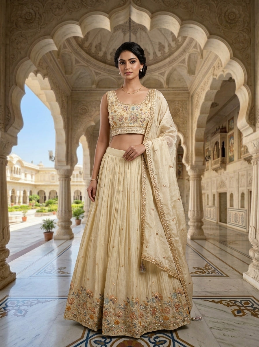 Beige Tissue Stone Embroidered Ghagra Set