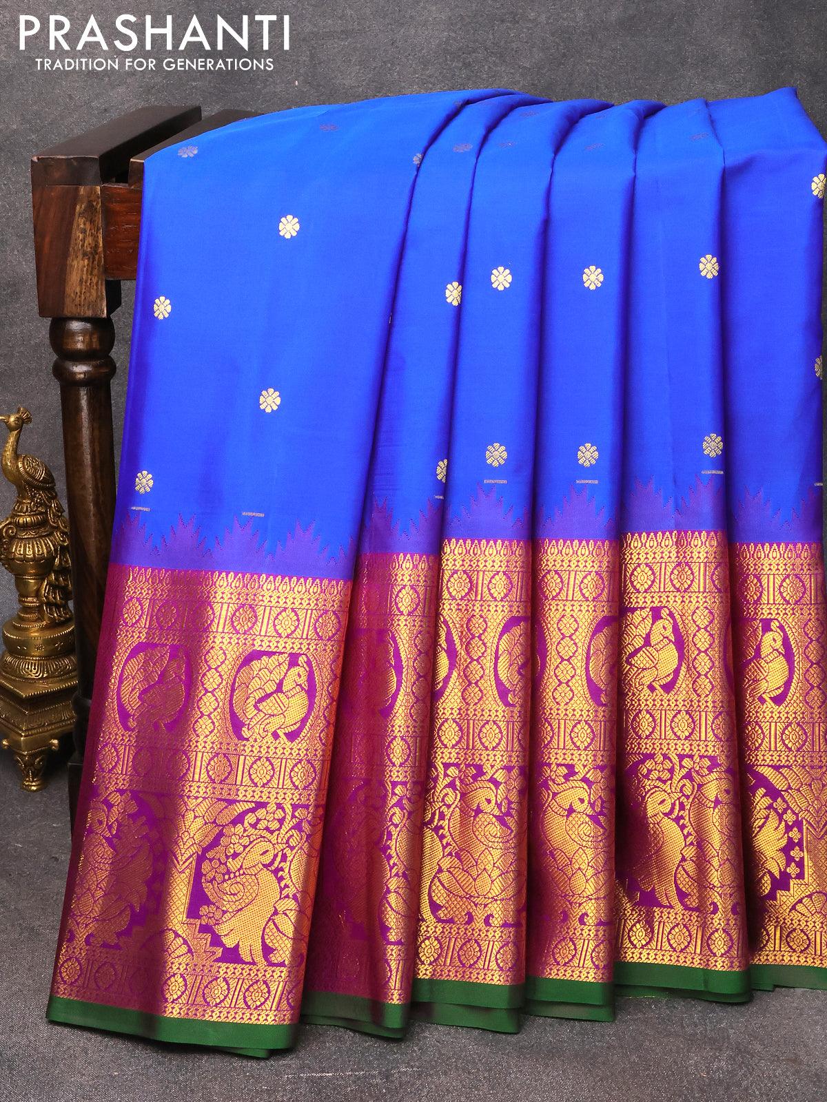 Pure gadwal silk saree cs blue and purple with zari woven buttas and long zari woven border