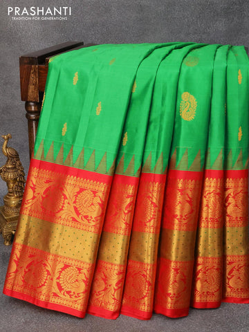 Pure gadwal silk saree green and red with zari woven buttas and temple design long annam zari woven border