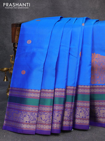 Pure kanjivaram silk saree cs blue and dark blue with thread woven buttas and long thread woven border zero zari