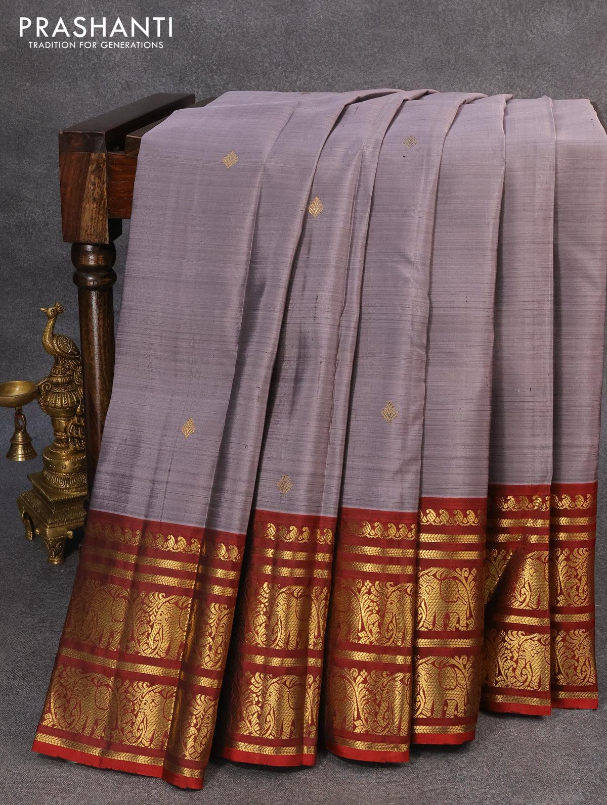 Pure kanjivaram silk saree grey shade and maroon with zari woven buttas and rich zari woven elephant border