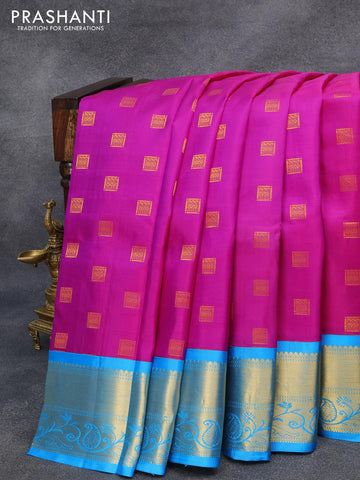 Pure kanjivaram silk saree magenta pink and cs blue with zari woven box type buttas and zari woven border