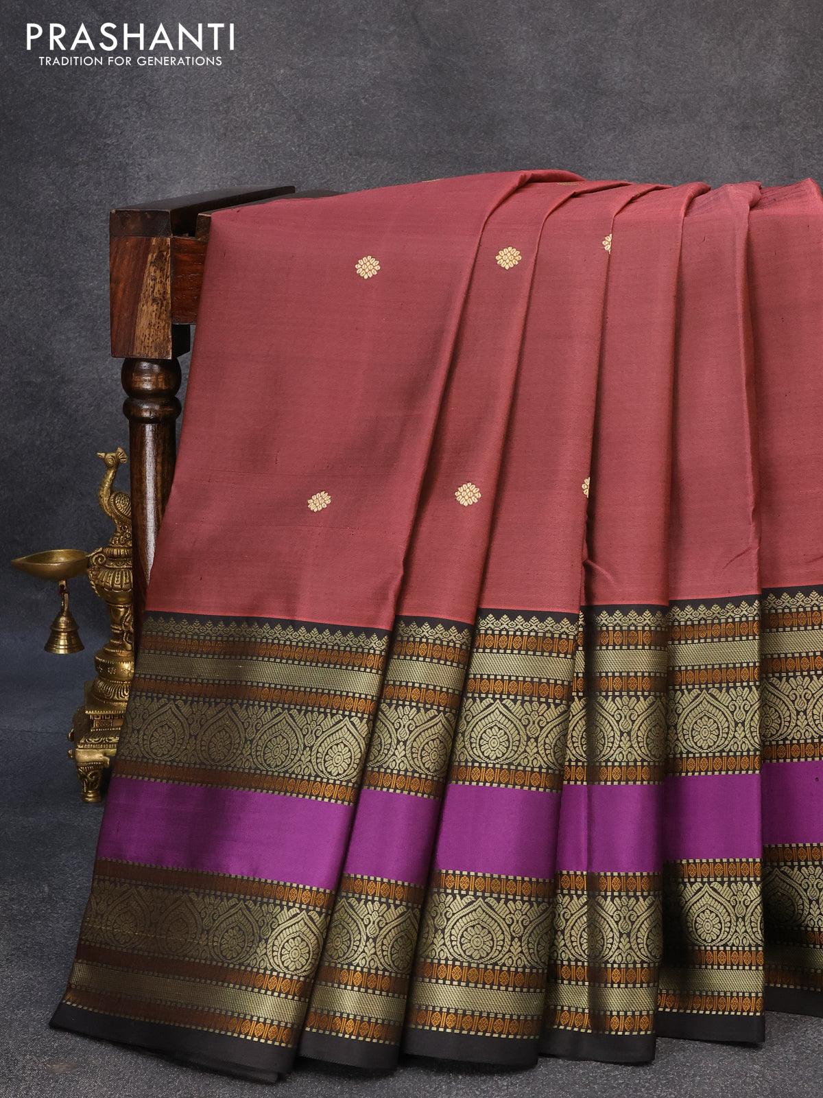 Pure kanjivaram silk saree pastel maroon and black with thread woven buttas and long thread woven border zero zari