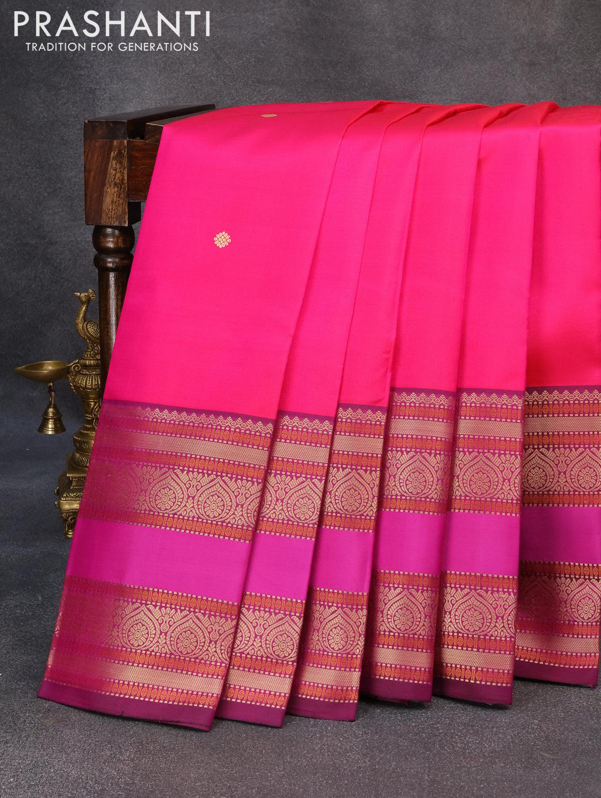 Pure kanjivaram silk saree pink and purple with thread woven buttas and long thread woven border zero zari