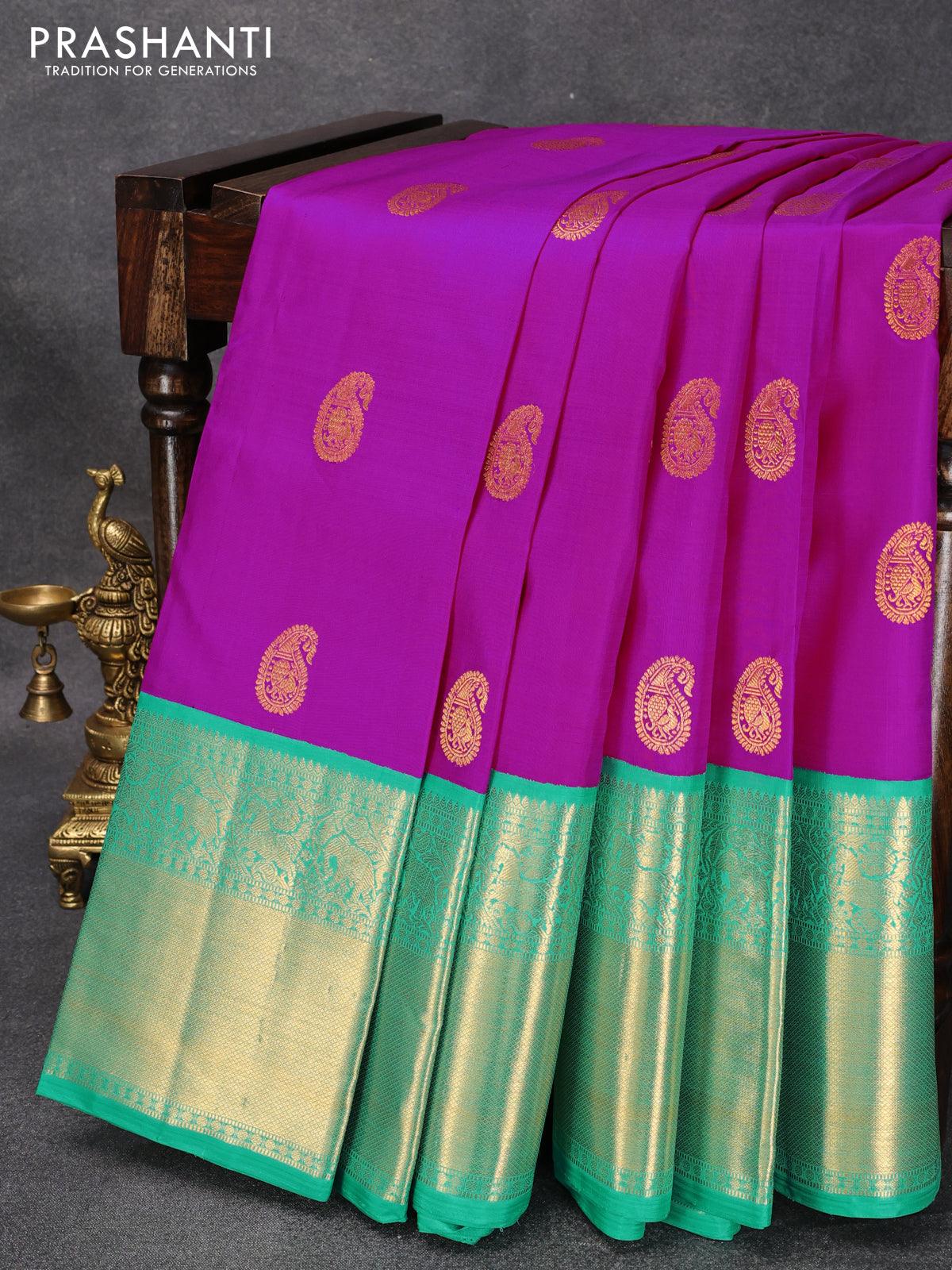 Pure Kanjivaram silk saree pink and teal green with zari woven paisley buttas and rich zari woven border