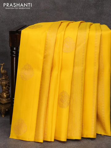 Pure kanjivaram silk saree yellow and peacock blue with zari woven buttas in borderless style