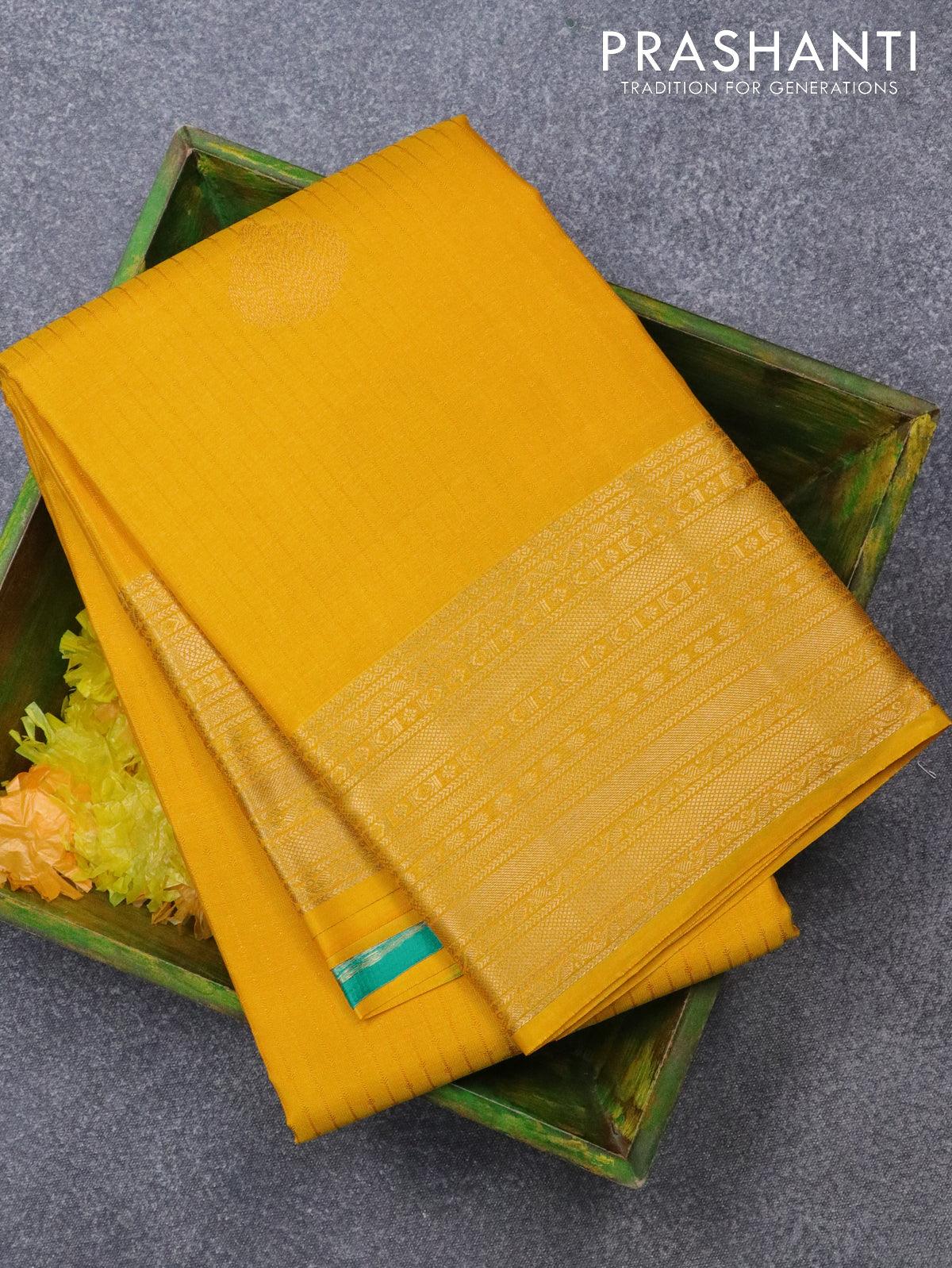 Pure kanjivaram silk saree yellow and teal blue with allover self emboss & zari buttas and zari woven border