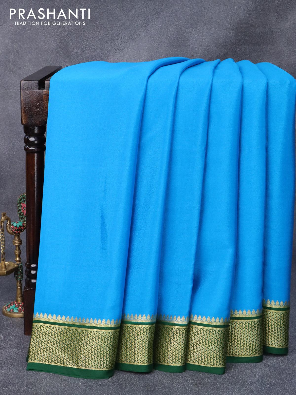 Pure mysore silk saree cs blue and green with plain body and zari woven border