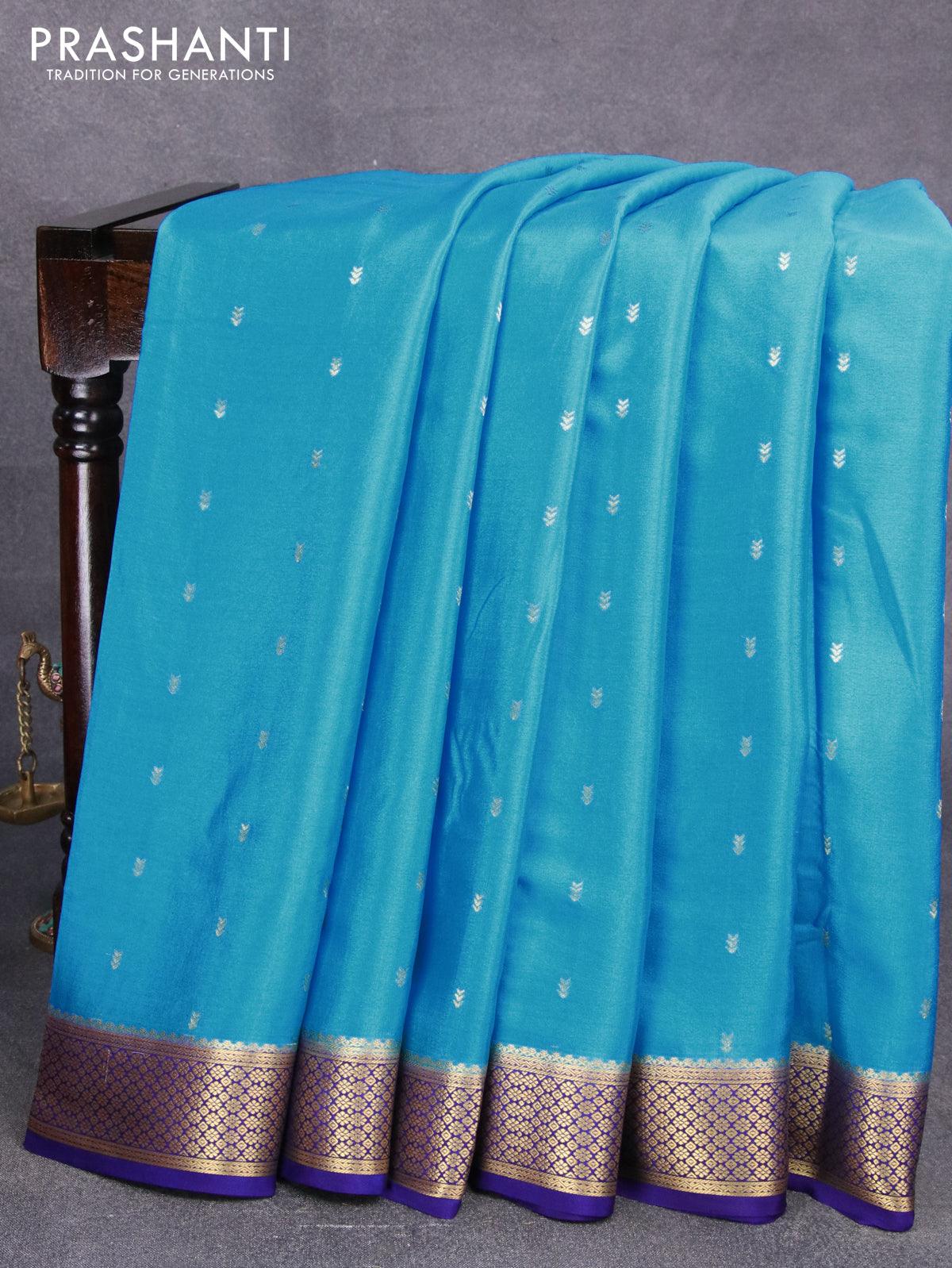 Pure mysore silk saree light blue and blue with allover zari woven buttas and zari woven border