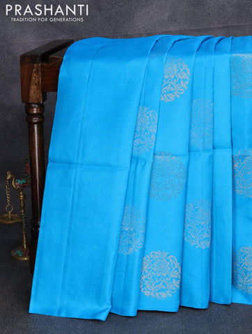 Pure soft silk saree light blue and dual shade of pinkish orange with silver & gold zari woven buttas in borderless style