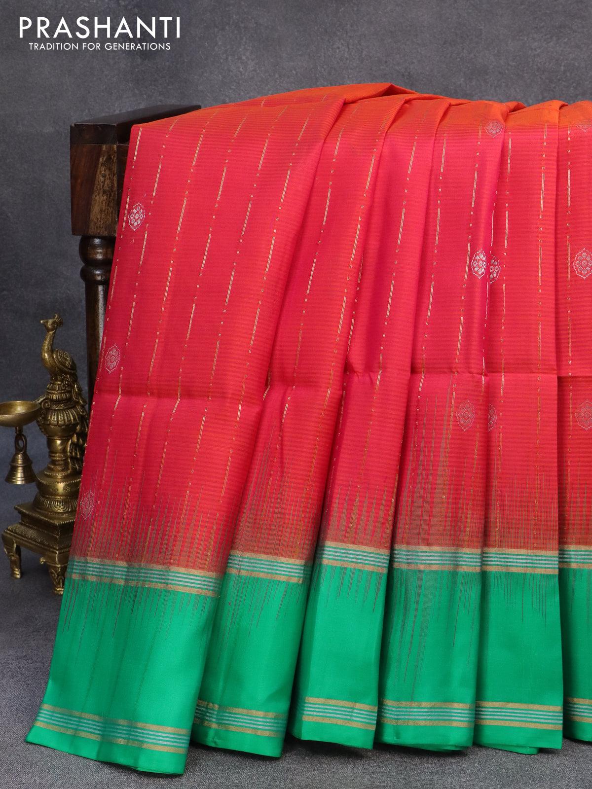 Pure soft silk saree reddish pink and green with allover silver & gold zari weaves and rettapet zari woven border