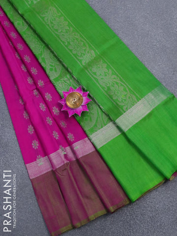 Pure uppada silk saree pink and light green with silver zari woven floral buttas and silver zari woven simple border