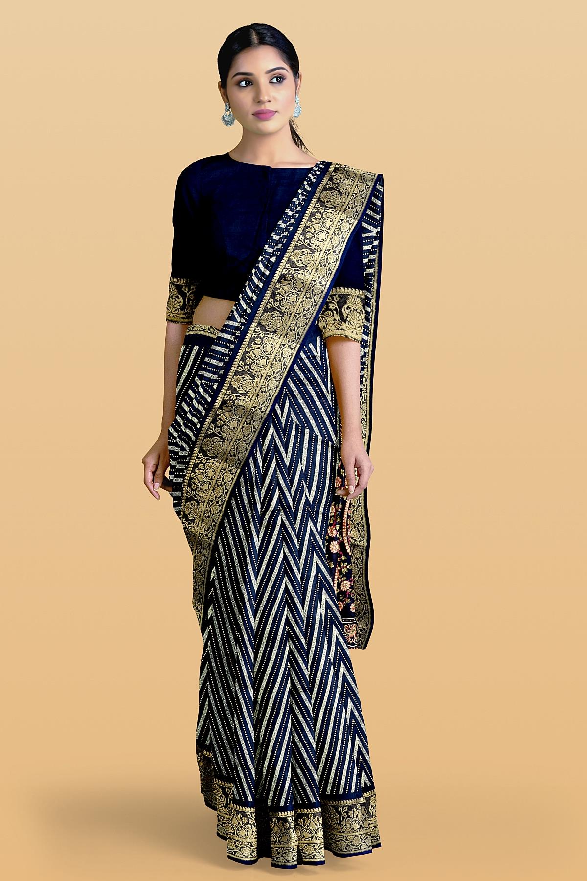 BLACK and OFF WHITE ZIG ZAG SILK BLEND Saree with FANCY
