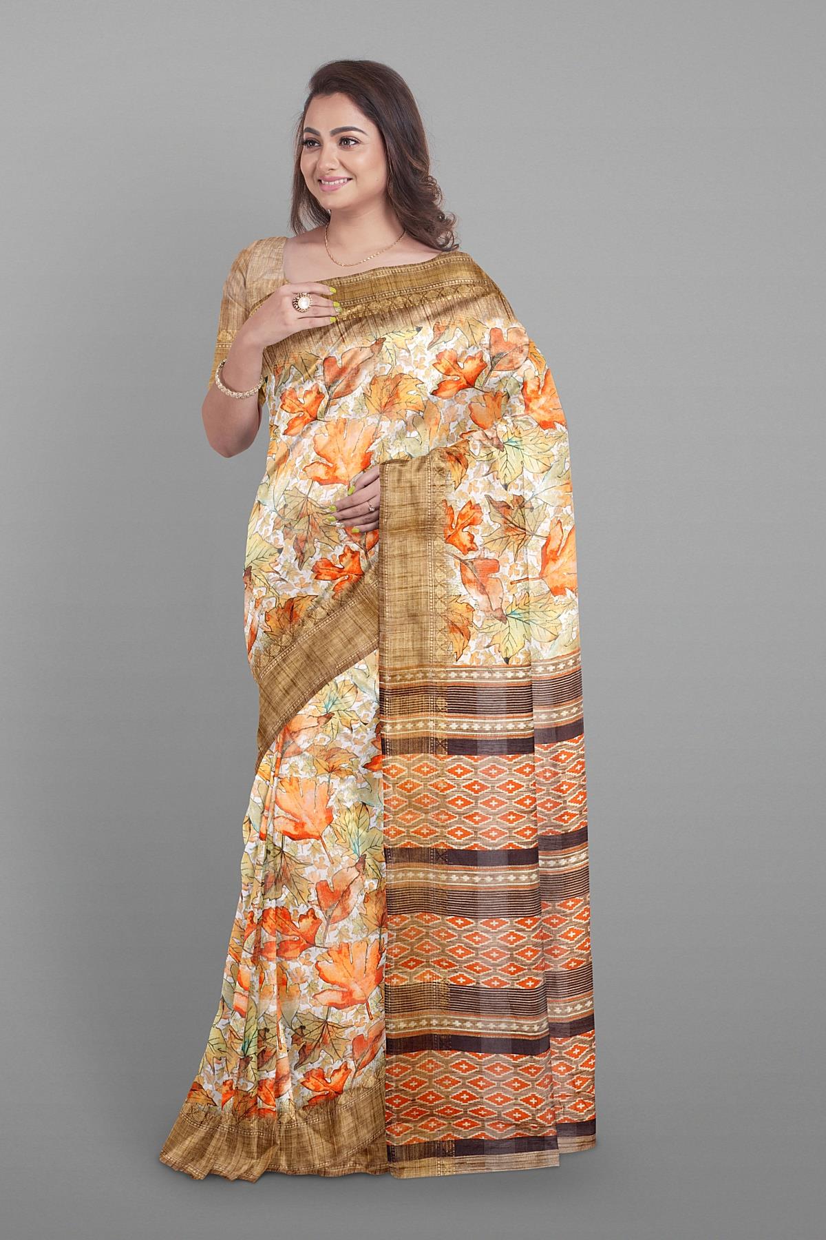 MULTI and ORANGE LEAF PRINT LINEN Saree with FANCY