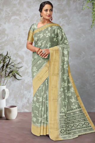 LIGHT OLIVE GREEN and OFF WHITE FLORALS TUSSAR SILK Saree with BANARASI FANCY