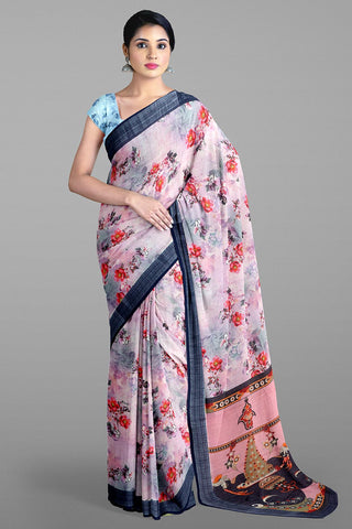 LAVENDER and DARK BLUE FLORALS LINEN Saree with FANCY