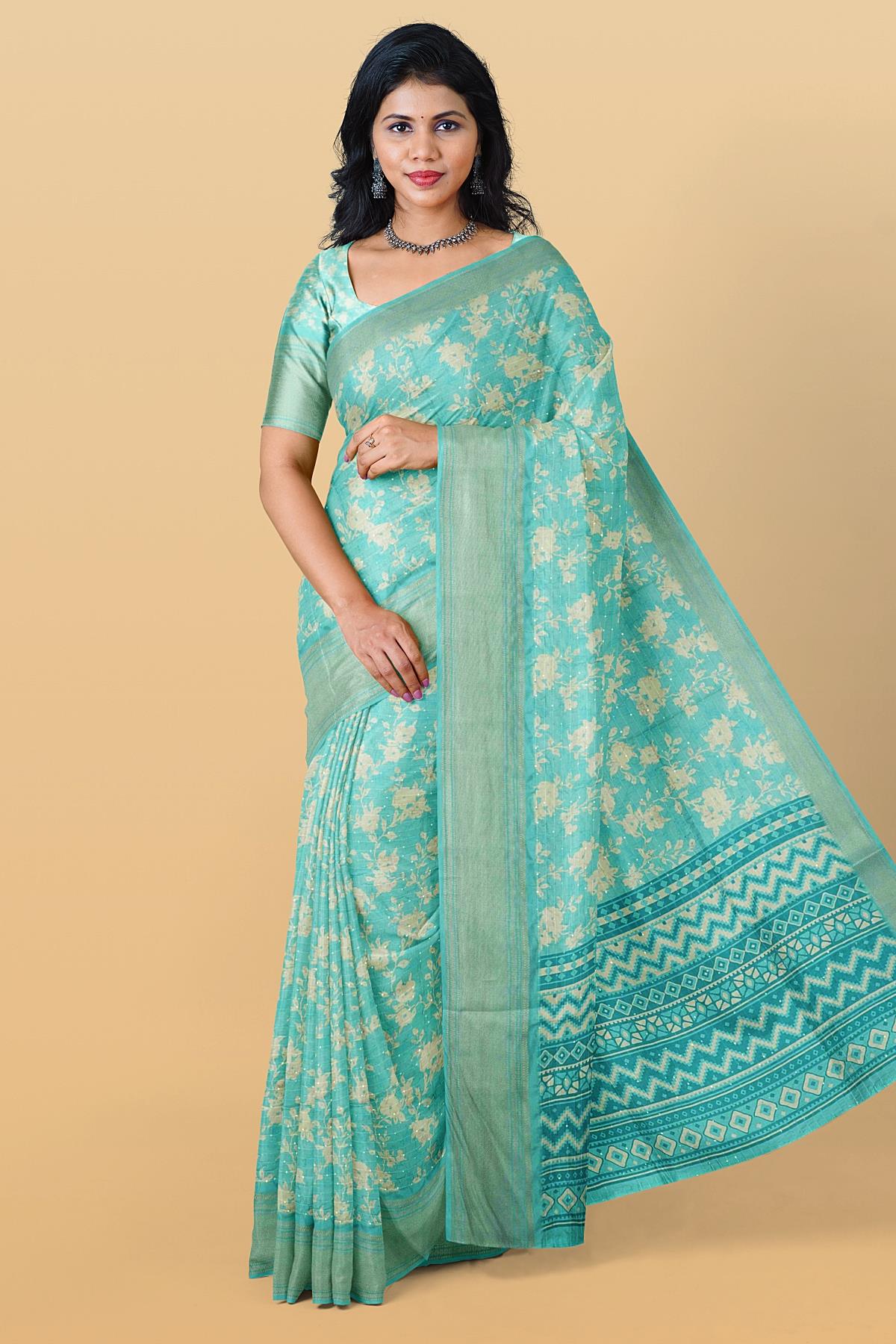 SKY BLUE and CREAM FLORALS SILK Saree with FANCY