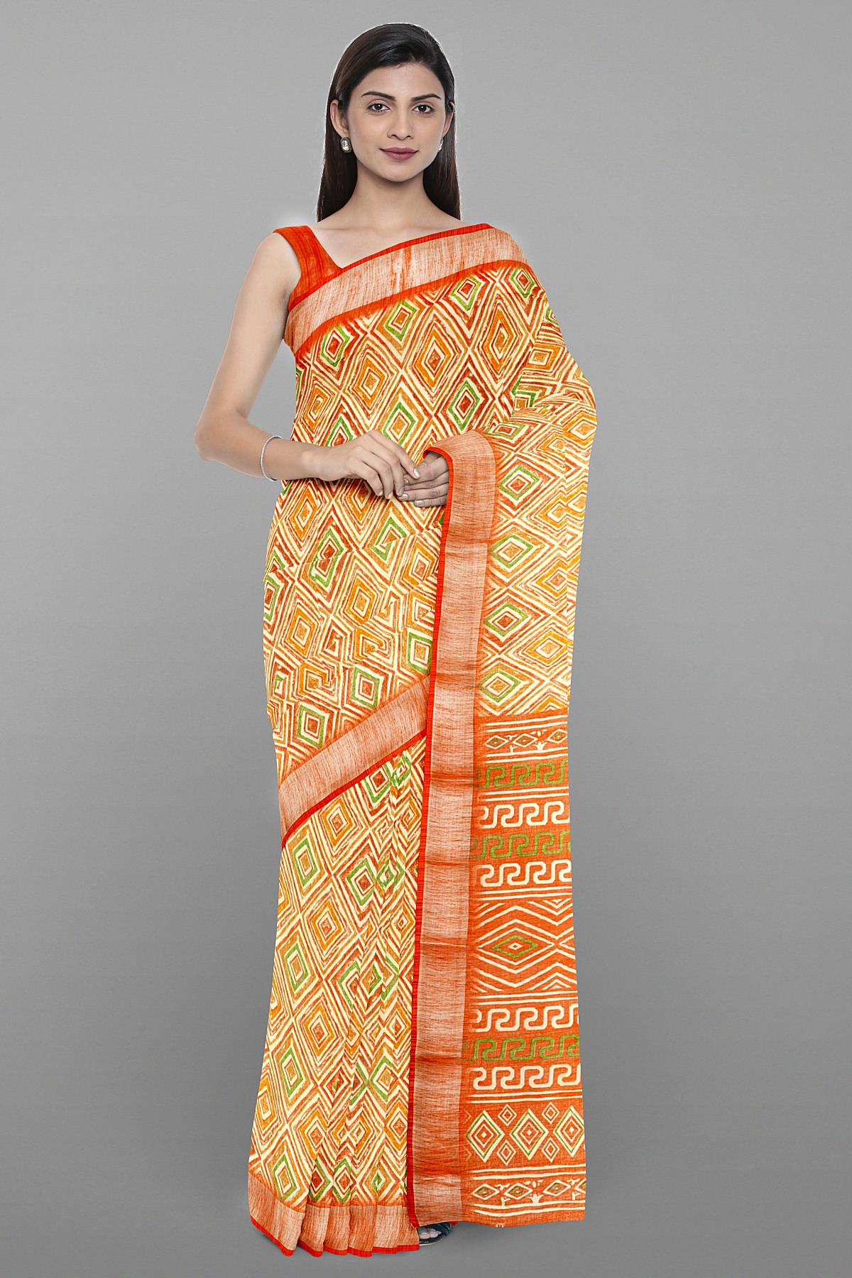 MULTI and RUST SHIBORI PRINT LINEN Saree with FANCY