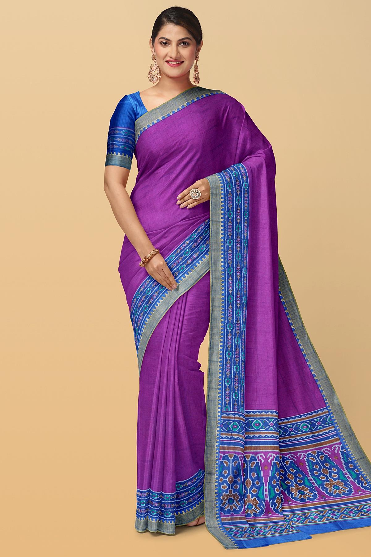 PURPLE and ROYAL BLUE PLAIN SILK Saree with IKAT