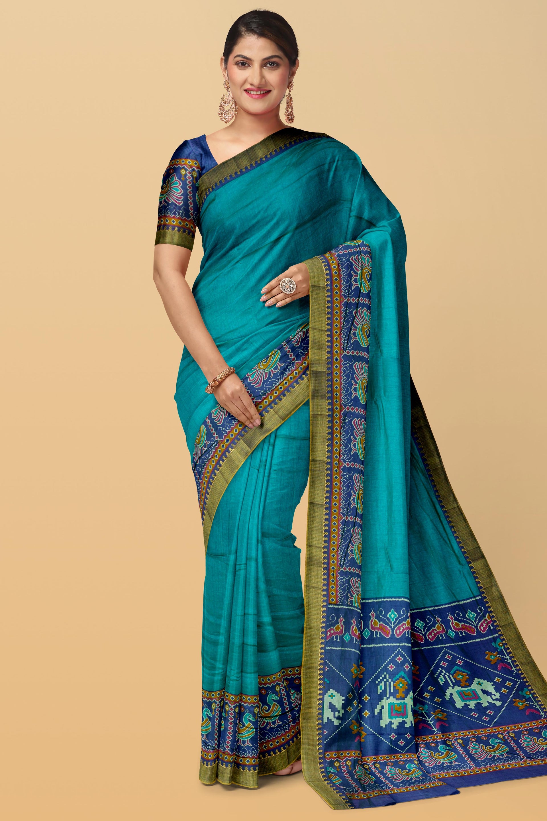 TEAL and NAVY BLUE PLAIN SILK Saree with FANCY