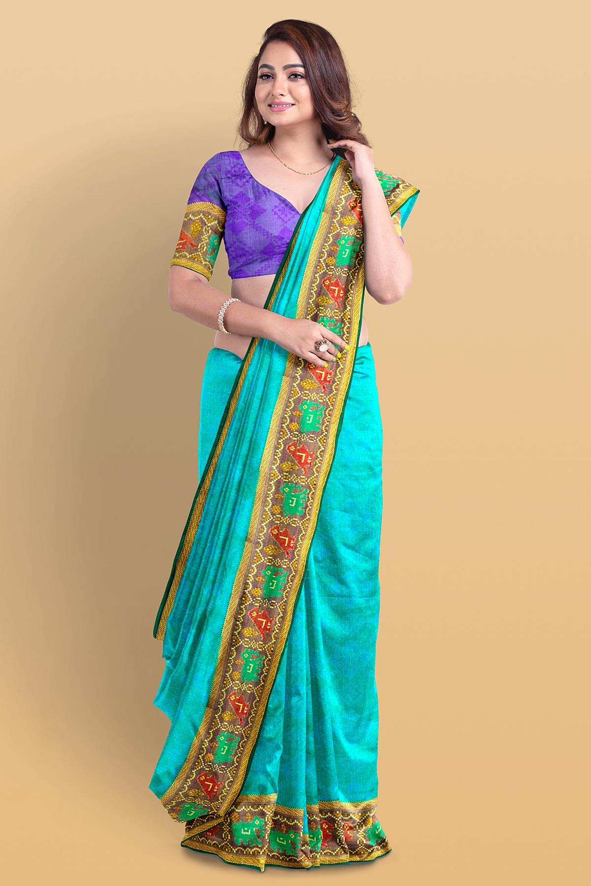 TEAL and PURPLE WOVEN DESIGN SILK Saree with FANCY