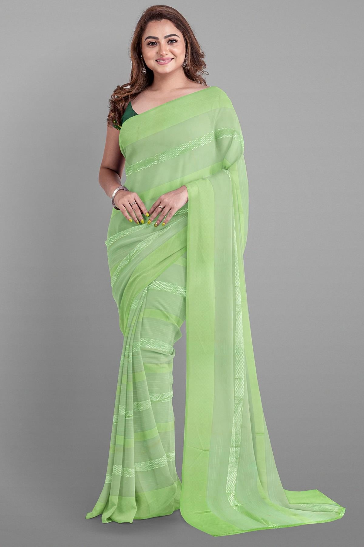 LIGHT GREEN and DARK GREEN LINES SYNTHETIC Saree with FANCY