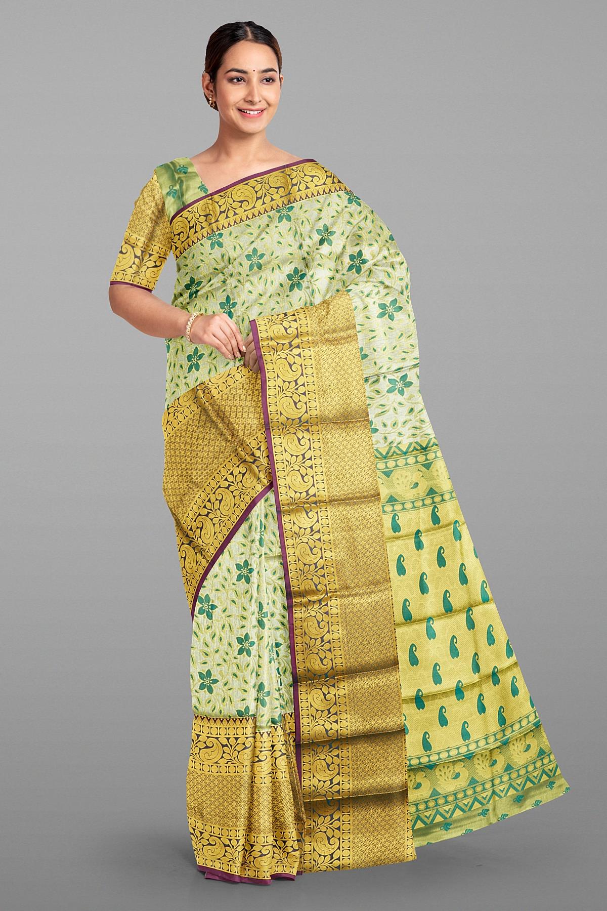 SILVER and RAMA GREEN BROCADE SILK Saree with KANCHIPURAM