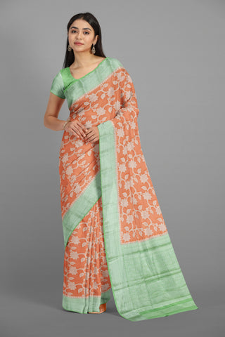 RUST and OLIVE GREEN FLORAL JAAL CHIFFON Saree with FANCY