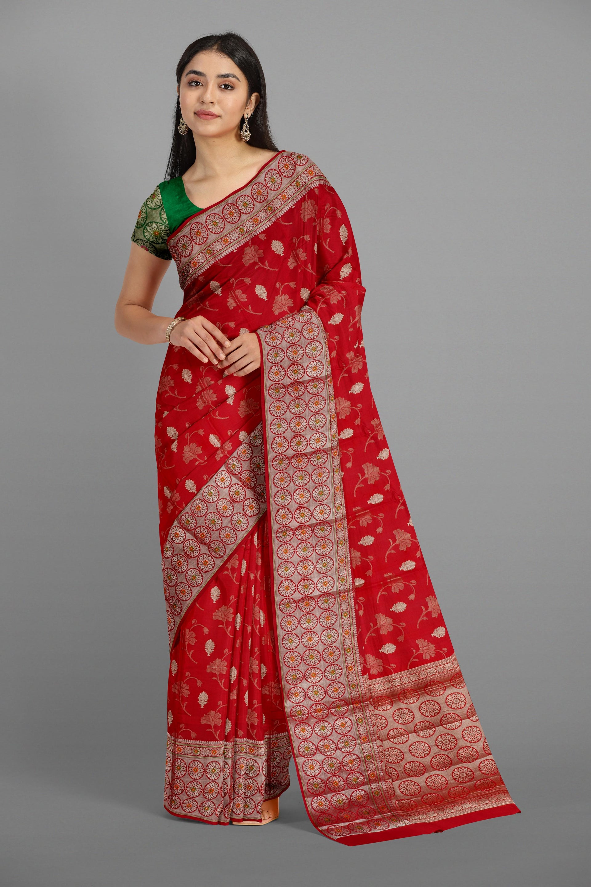 RED and GOLD FLORALS CHINIYA SILK Saree with BANARASI