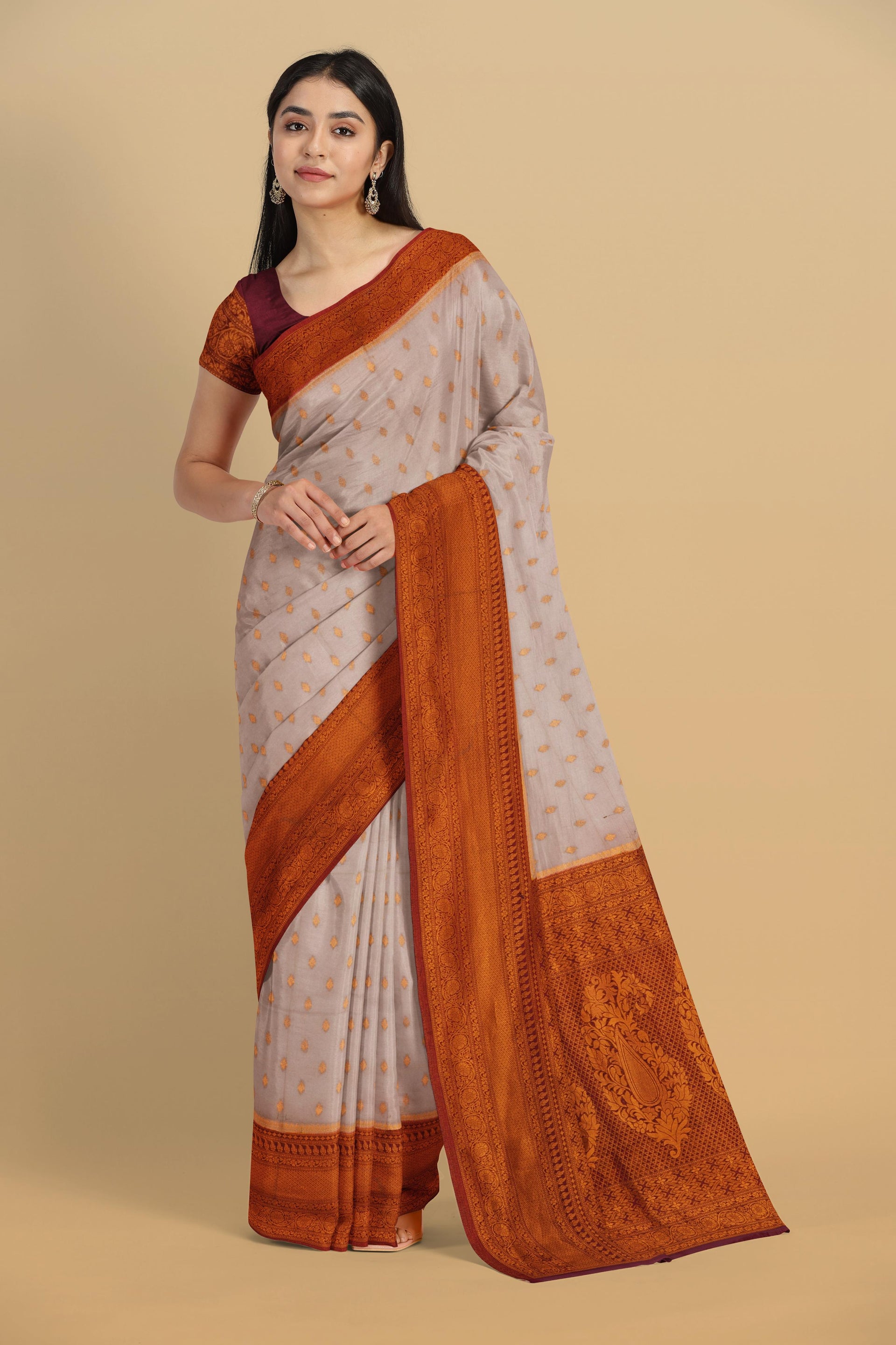 ROSSY BROWN and DARK PURPLE BUTTIS VISCOSE Saree with BANARASI FANCY