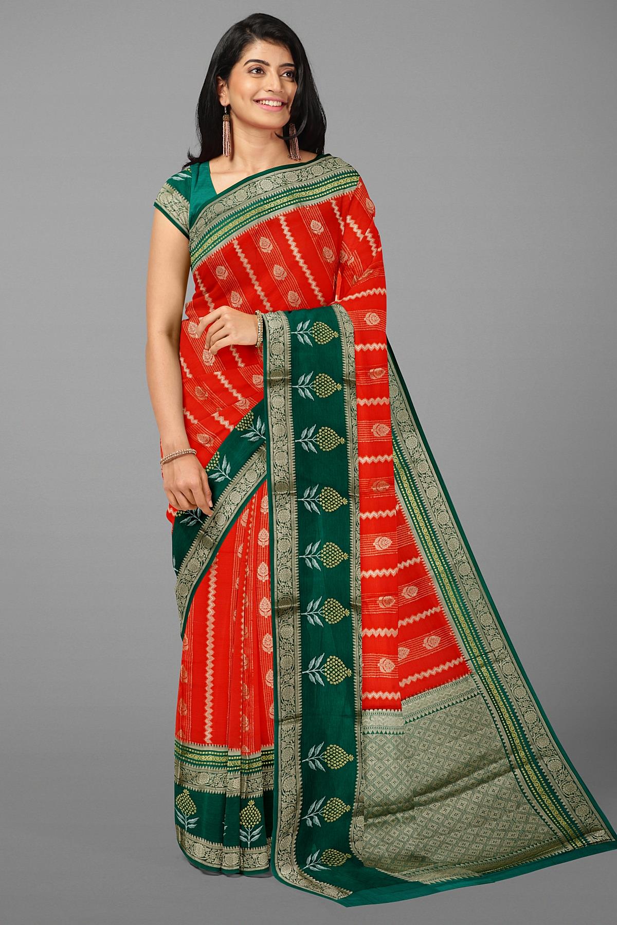 RED and DARK GREEN BUTTIS warm silk Saree with BANARASI FANCY