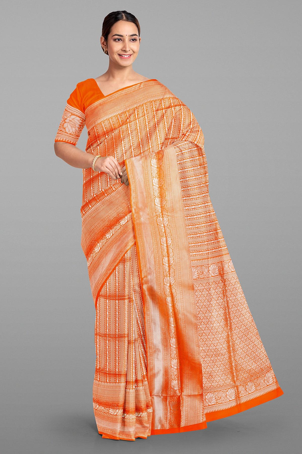 ORANGE and SILVER JAAL SILK Saree with BANARASI FANCY