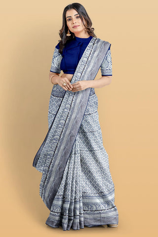 NAVY BLUE and SILVER CHECKS AND BUTTIS SILK Saree with BANARASI FANCY