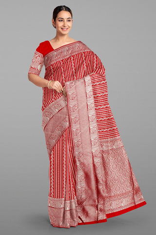 RED and SILVER JAAL SILK Saree with BANARASI FANCY