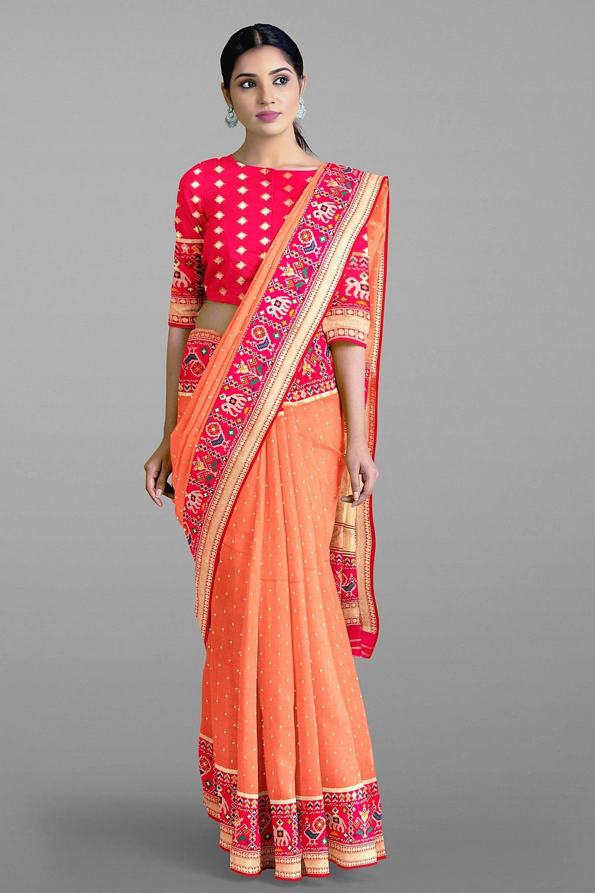 PEACH and MAGENTA BUTTIS SILK Saree with BANARASI