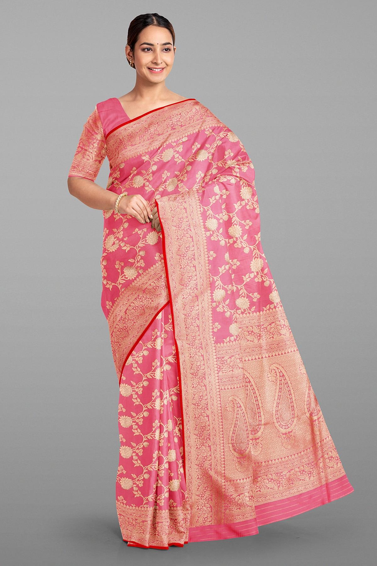 LIGHT PINK and GOLD FLORAL JAAL SILK Saree with BANARASI