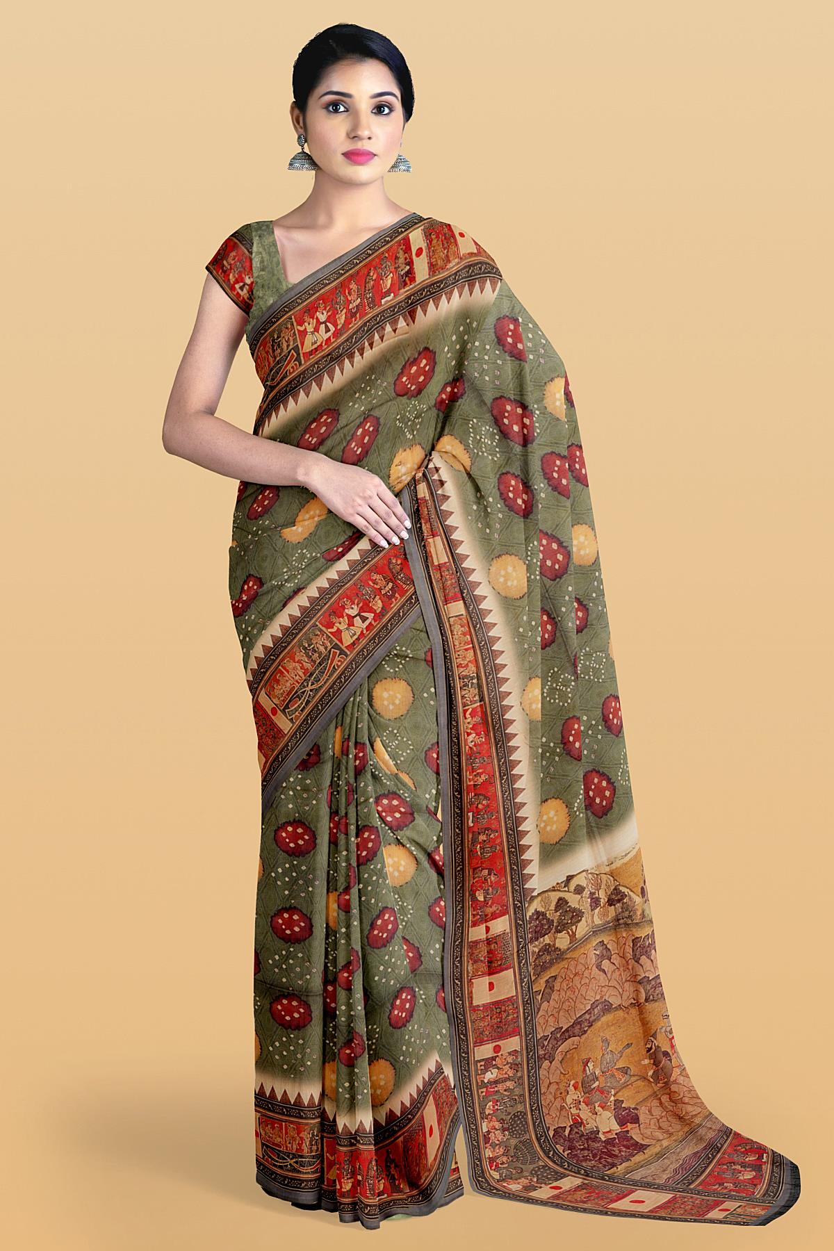 DARK OLIVE GREEN and MULTI BANDANI PRINT SILK Saree with FANCY