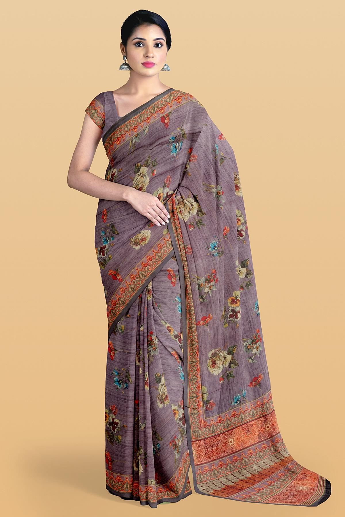 LAVENDER and MULTI FLORALS SILK Saree with FANCY