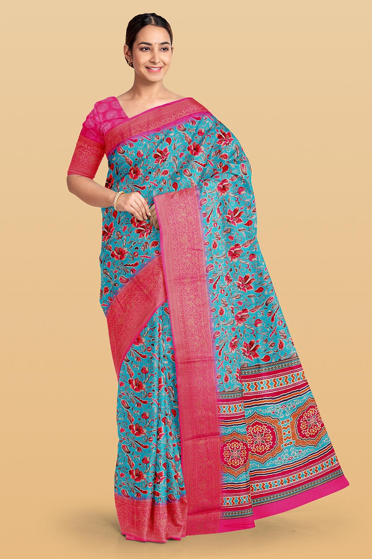 SKY BLUE and PINK FLORALS SILK Saree with FANCY