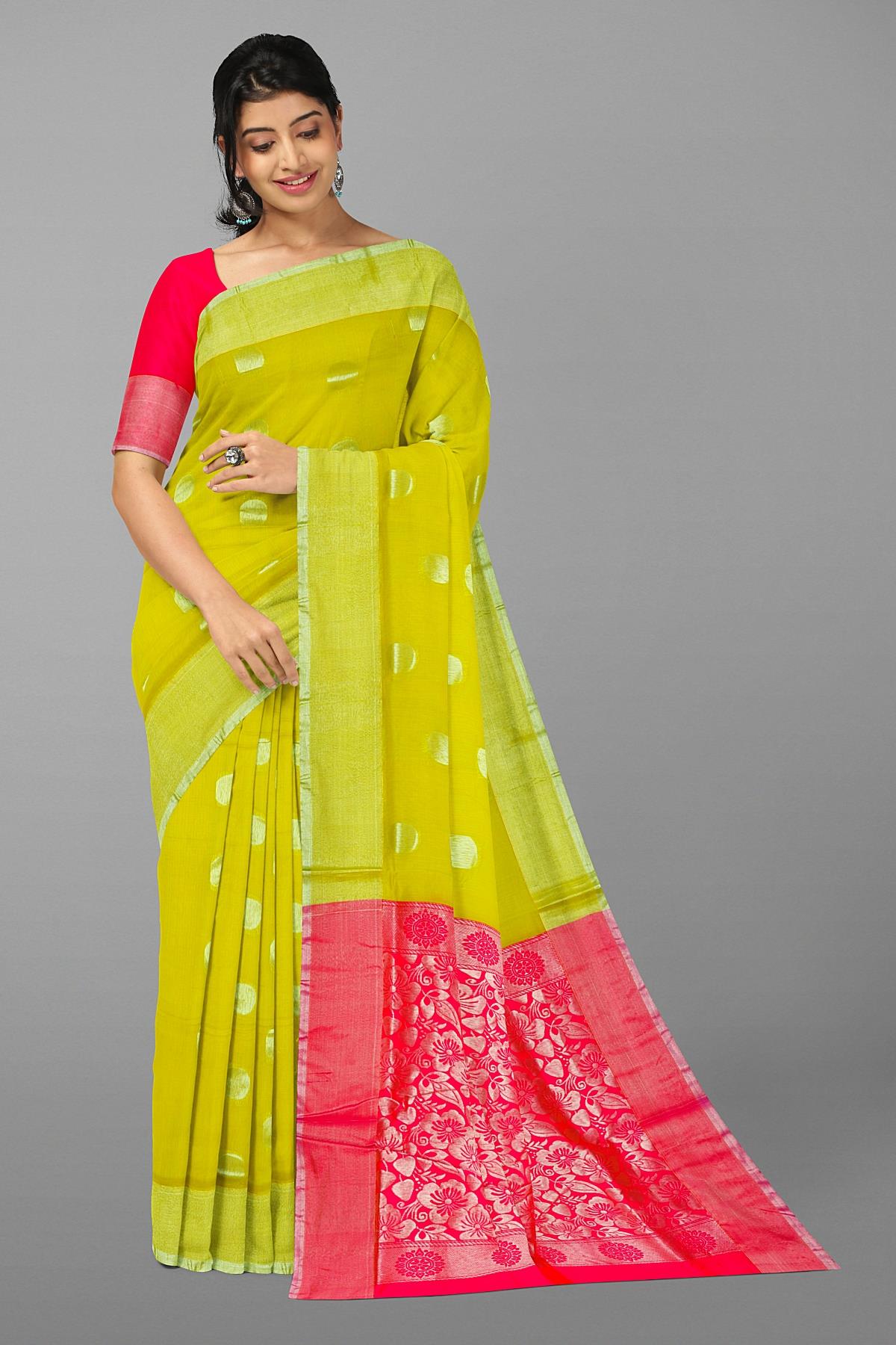 LIGHT GREEN and DARK PINK POLKA DOTS SICO Saree with CHIRALA