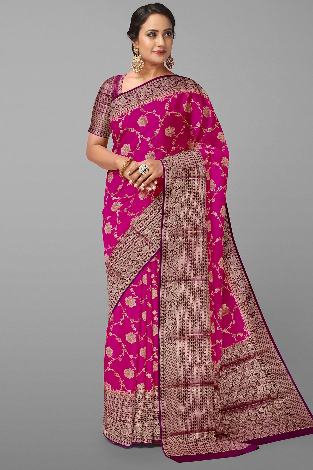 MAGENTA and VIOLET FLORAL JAAL SILK Saree with FANCY