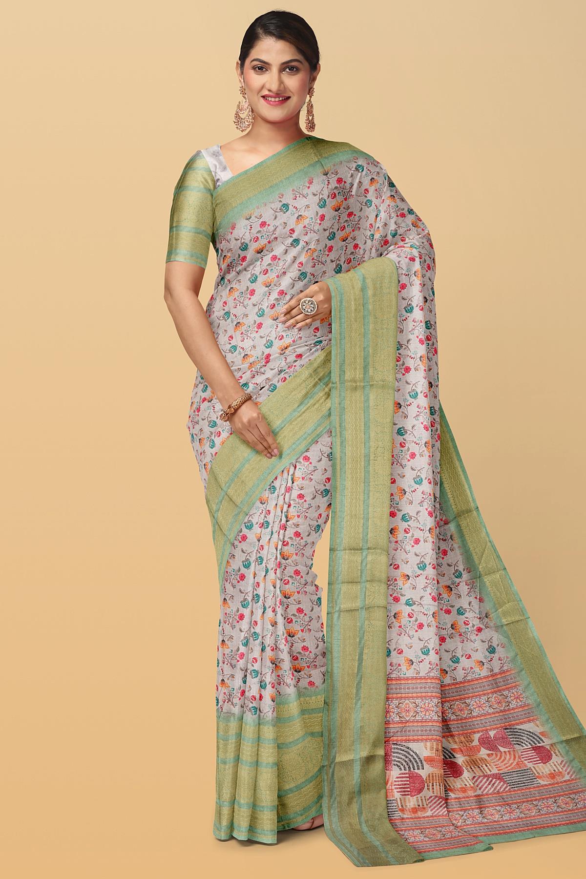 ROSSY BROWN and LIGHT GREEN FLORALS SILK Saree with BANARASI FANCY