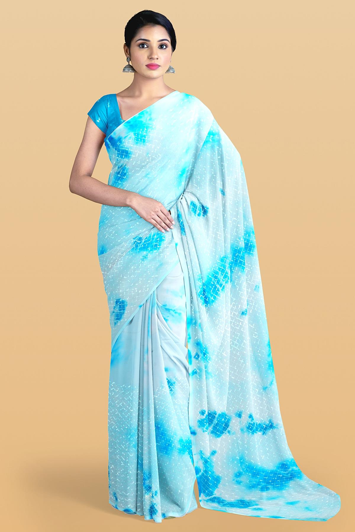 SKY BLUE and BLUE SHIBORI PRINT GEORGETTE Saree with FANCY