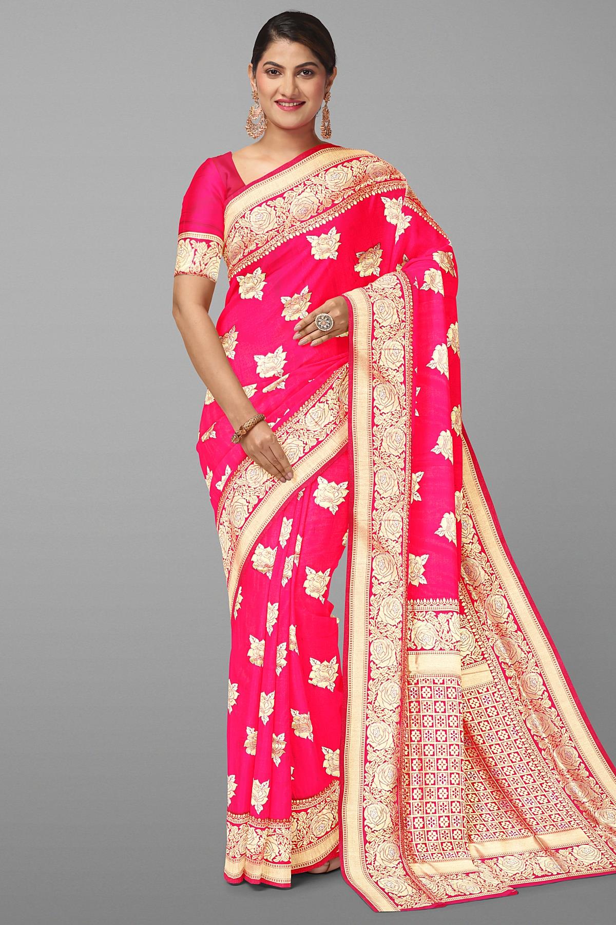 PINK and GOLD BUTTIS SILK BLEND Saree with SEMI PATTU