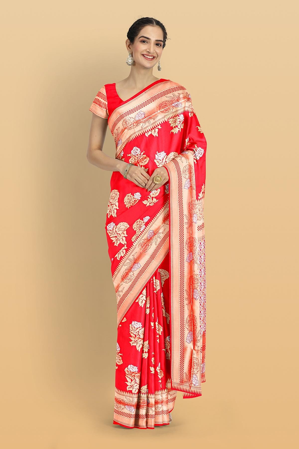 LIGHT PINK and GOLD FLORALS SILK BLEND Saree with SEMI PATTU