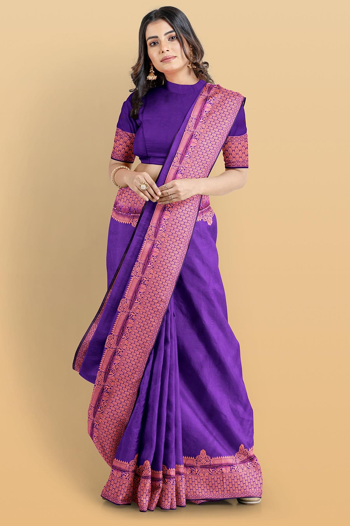 PURPLE and GOLD PLAIN SILK BLEND Saree with SEMI PATTU
