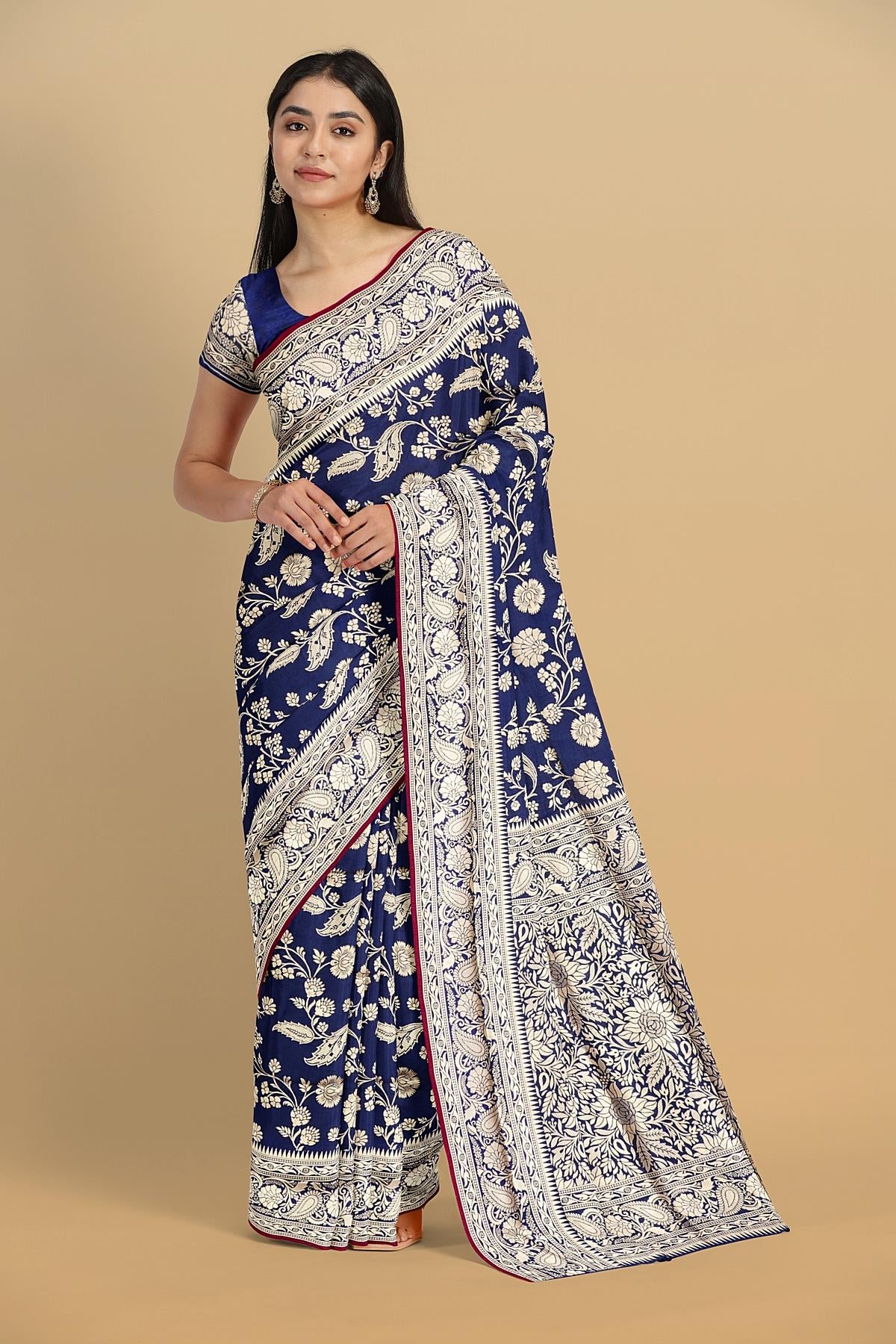 NAVY BLUE and GOLD FLORALS SILK BLEND Saree with SEMI PATTU